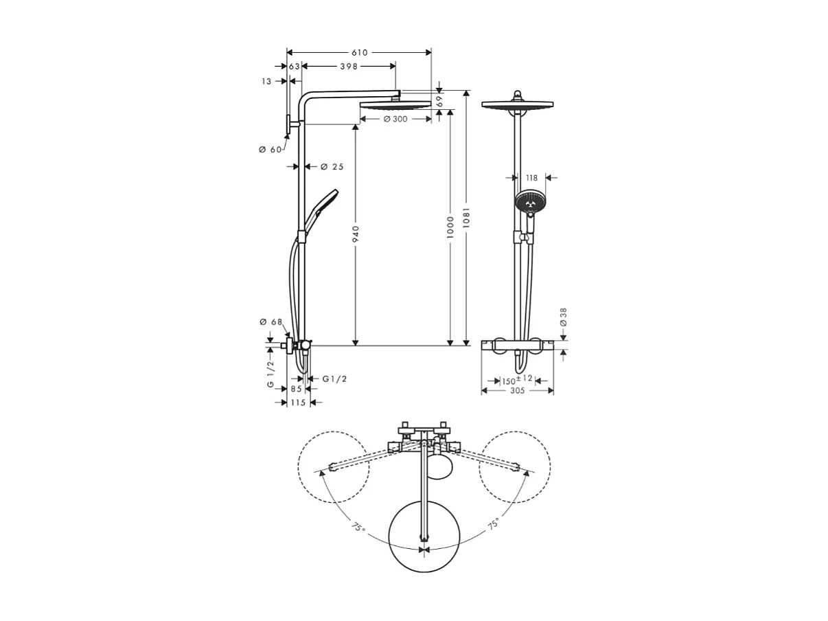 Colonne de douche thermostatique HANSGROHE Raindance Select S 300 chromé