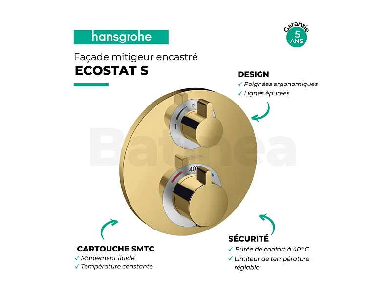 HANSGROHE Facade thermostatique encastré Ecostat S avec robinet d'arrêt et inverseur aspect doré poli + corps encastré