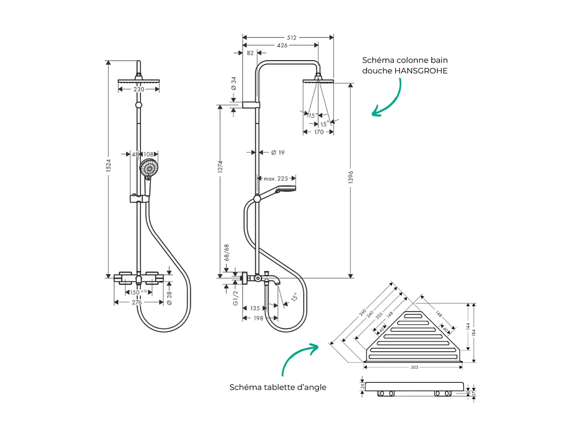Colonne bain douche thermostatique HANSGROHE Vernis Shape 230 chromé + tablette AddStoris