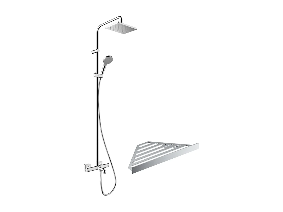 Colonne bain douche thermostatique HANSGROHE Vernis Shape 230 chromé + tablette AddStoris