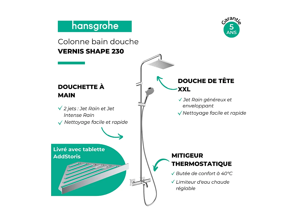 Colonne bain douche thermostatique HANSGROHE Vernis Shape 230 chromé + tablette AddStoris