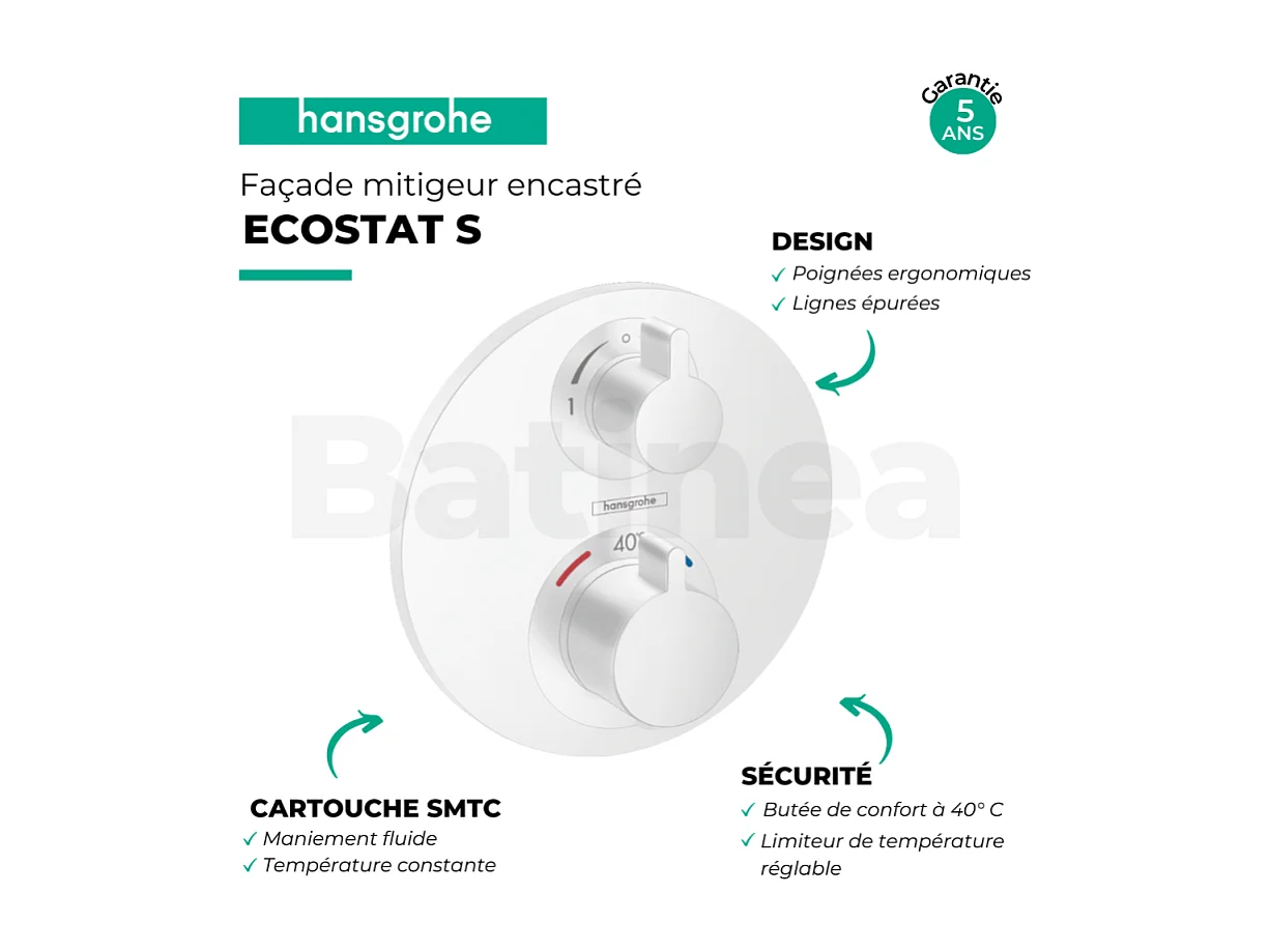 HANSGROHE Facade pour mitigeur thermostatique encastré Ecostat S avec robinet d'arrêt et inverseur blanc mat  avec Corps encastré
