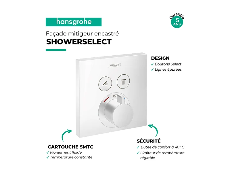 Façade pour mitigeur thermostatique encastré HANSGROHE ShowerSelect avec 2 fonctions blanc mat