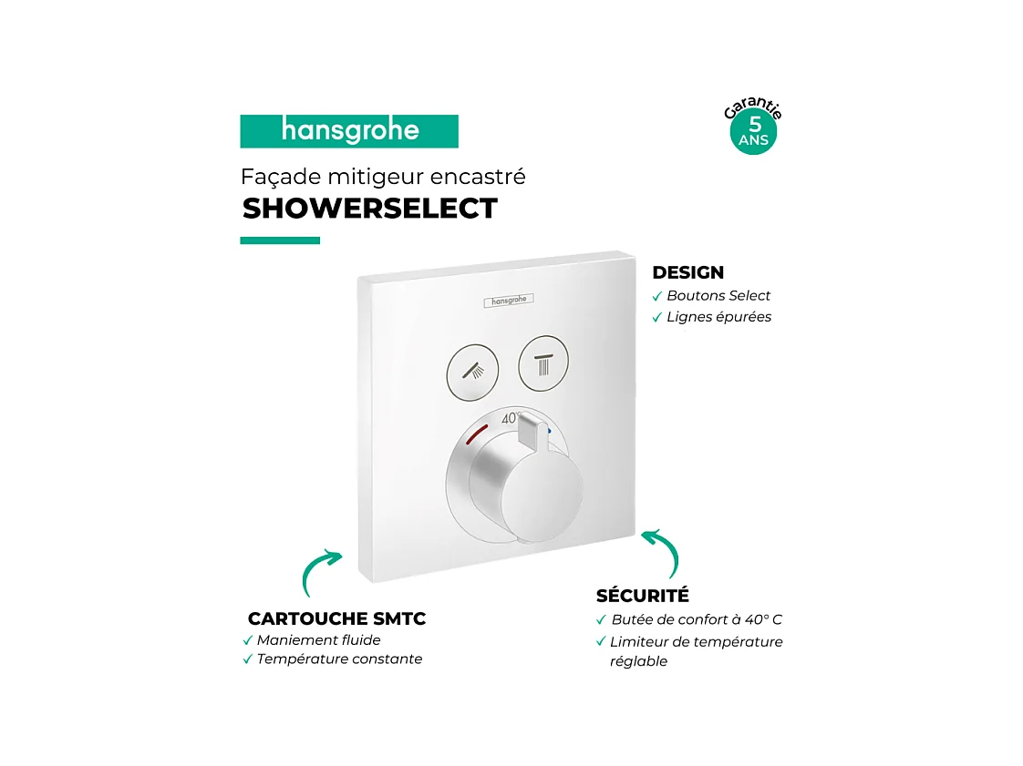 Façade pour mitigeur thermostatique encastré HANSGROHE ShowerSelect avec 2 fonctions blanc mat