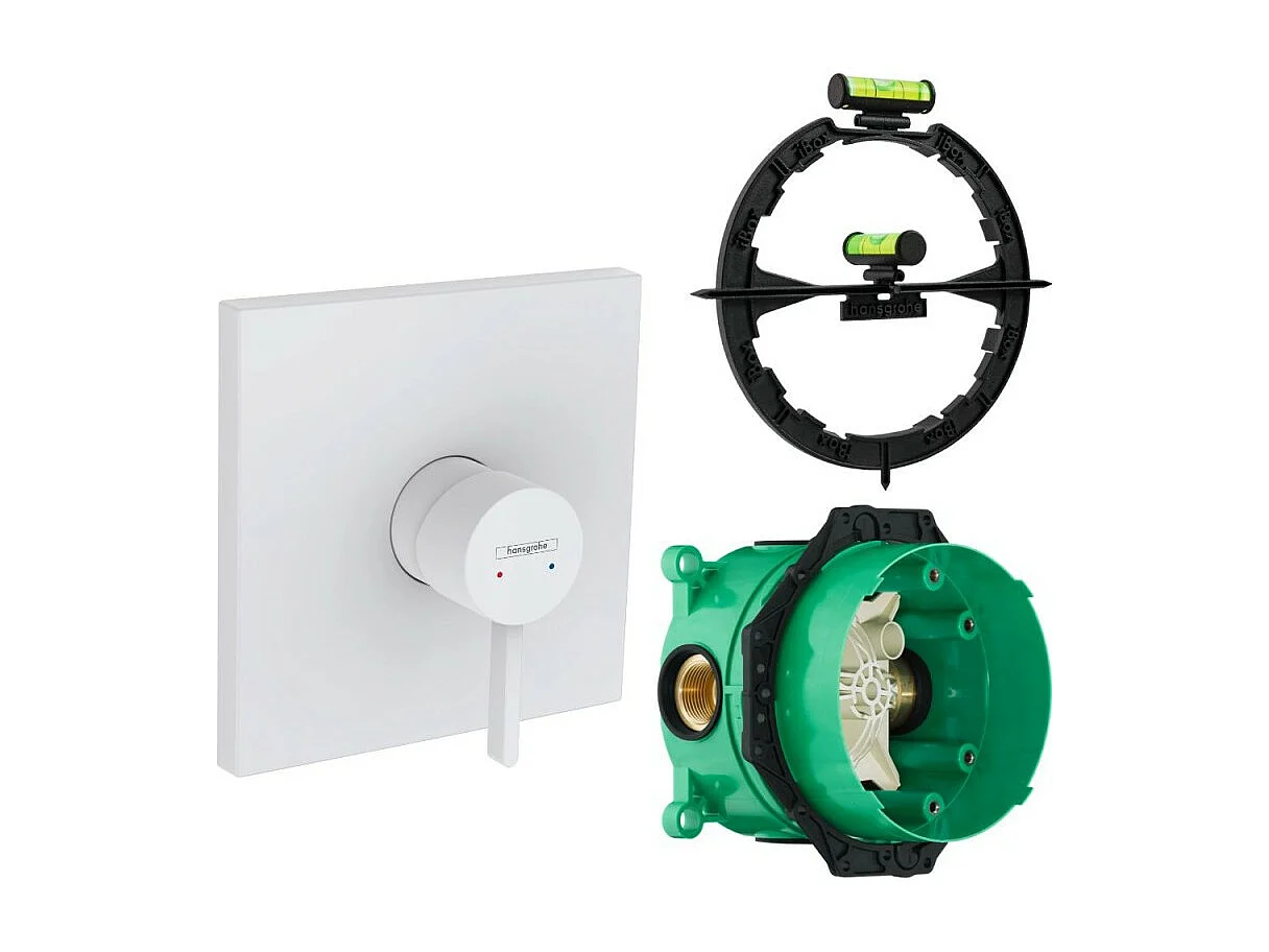 Façade robinet encastré mécanique HANSGROHE Finoris Blanc mat + Corps encastré universel iBox + Outil d'aide au montage
