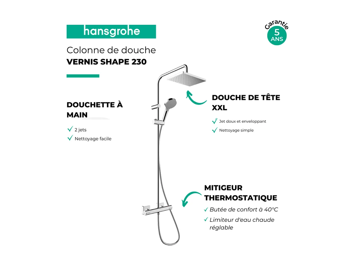 Colonne de douche thermostatique HANSGROHE Vernis Shape 230 chromé + tablette AddStoris