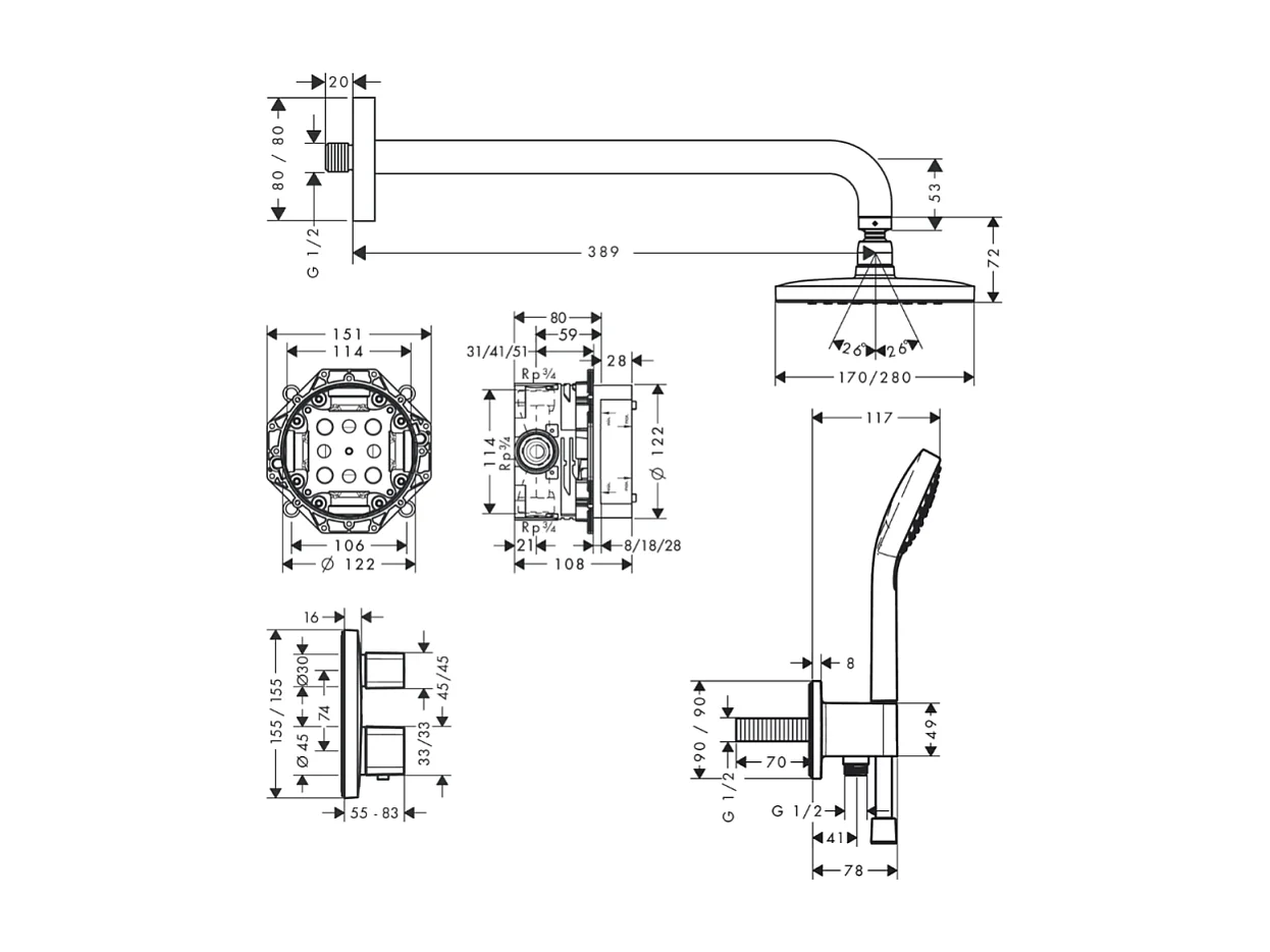 HANSGROHE Pack encastré avec mitigeur thermostatique Ecostat E chromé