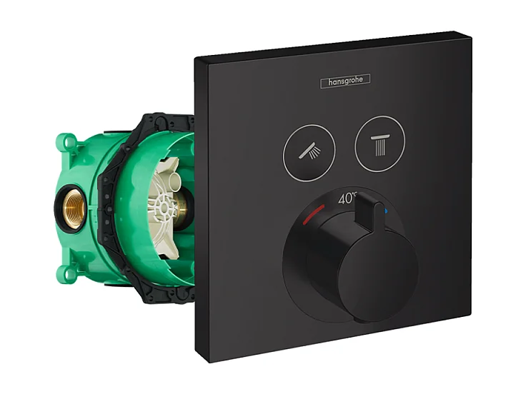 Façade pour mitigeur thermostatique encastré HANSGROHE ShowerSelect avec 2 fonctions noir mat et corps encastré iBox