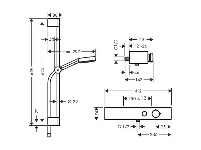 HANSGROHE Combi douche 105 3jet Relaxation avec barre 65 cm ShowerTablet Select 400 chromé