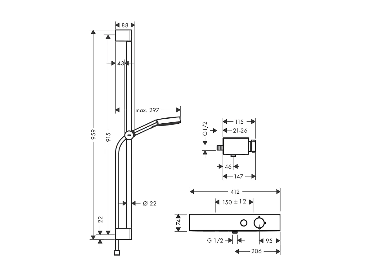 HANSGROHE Combi douche 105 3jet Relaxation avec barre 65 cm ShowerTablet Select 400 chromé