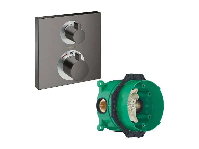 HANSGROHE Facade thermostatique encastré Ecostat Square avec robinet d'arrêt et inverseur noir chromé brossé + corps encastré