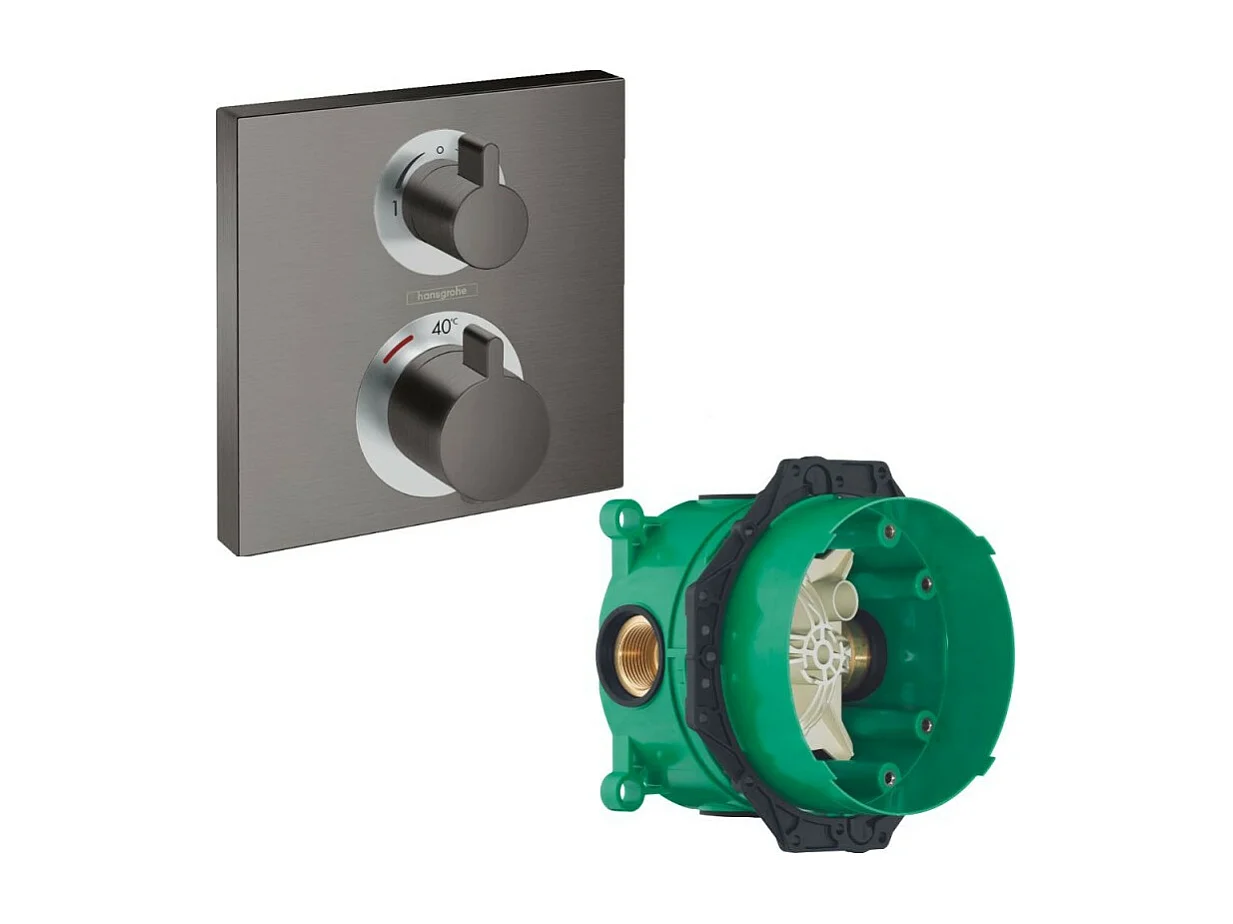 HANSGROHE Facade thermostatique encastré Ecostat Square avec robinet d'arrêt et inverseur noir chromé brossé + corps encastré