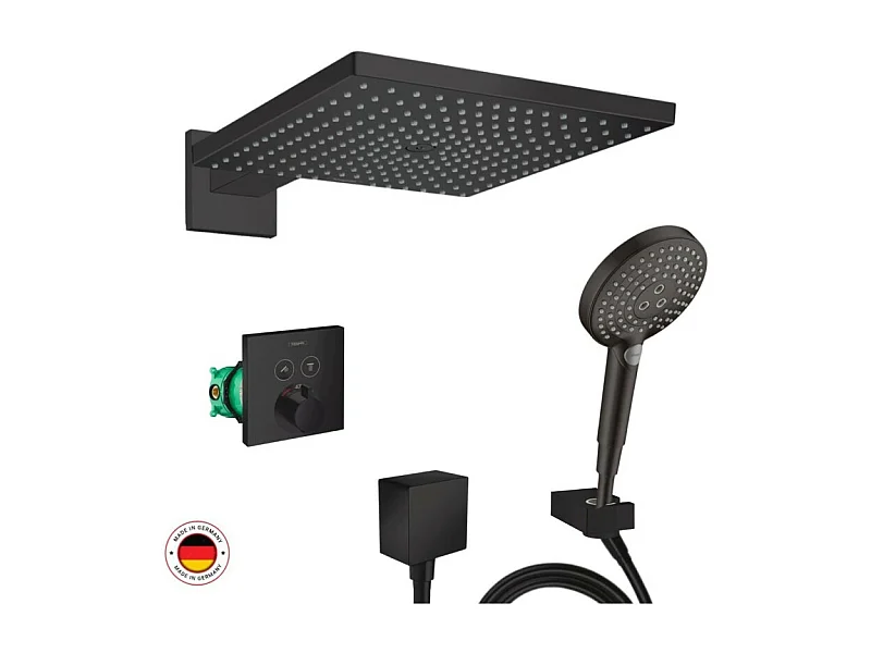 Lot robinet douche encastré thermostatique HANSGROHE, Noir mat + Douche de tête Raindance E 300