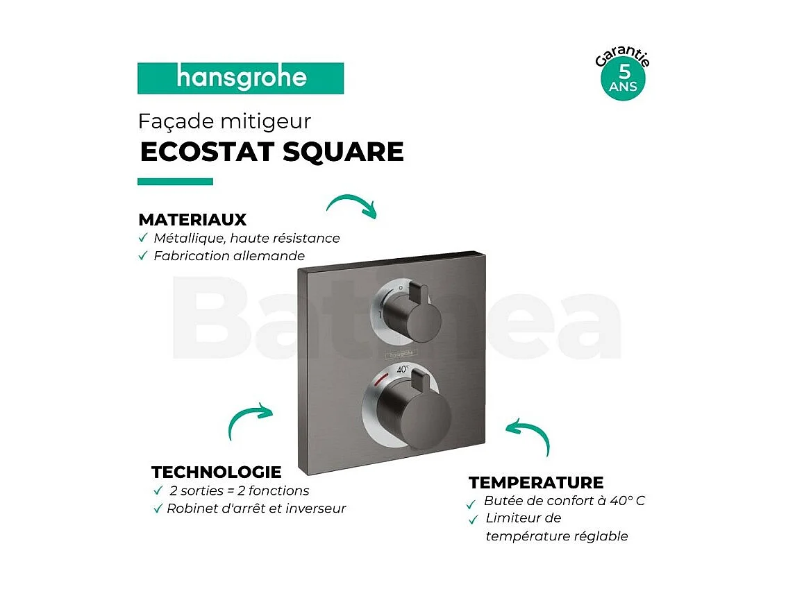 HANSGROHE Frente para mezclador termostático de empotrar Ecostat Square con válvula de cierre y desviador negro cromo cepillado