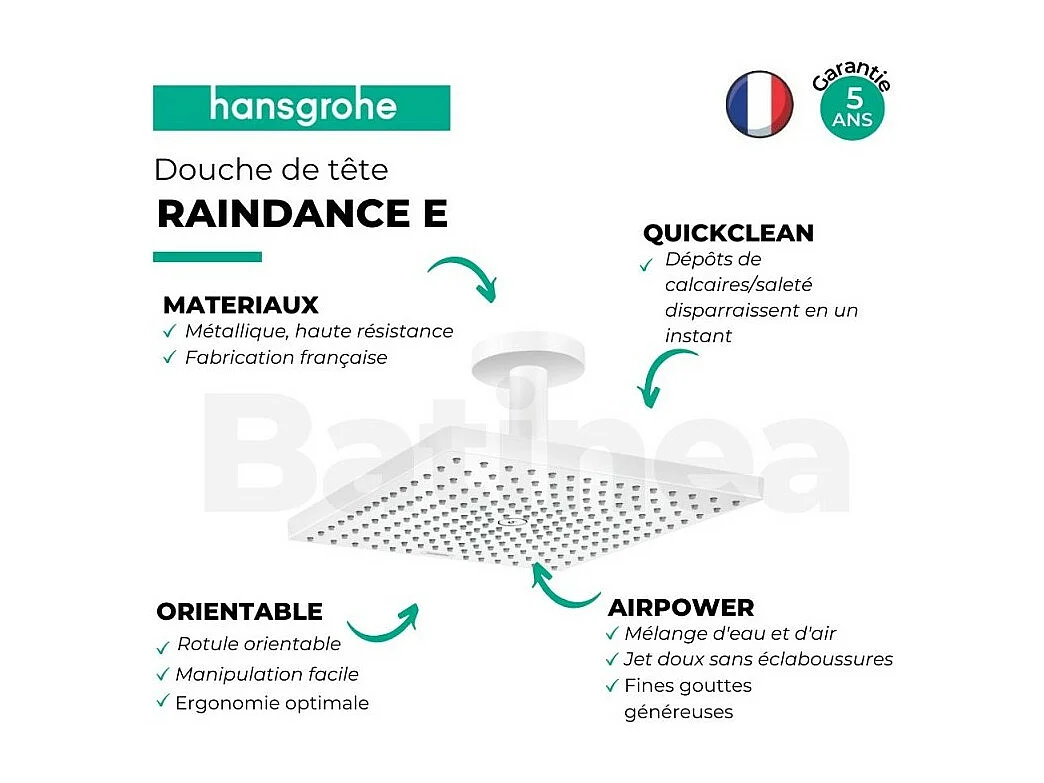 Douche de tête HANSGROHE Raindance E, 1 jet avec raccord plafond blanc mat