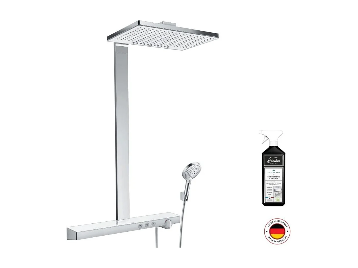 Colonne de douche thermostatique HANSGROHE Rainmaker Select 460 2 jets blanc et chromée + nettoyant Briochin