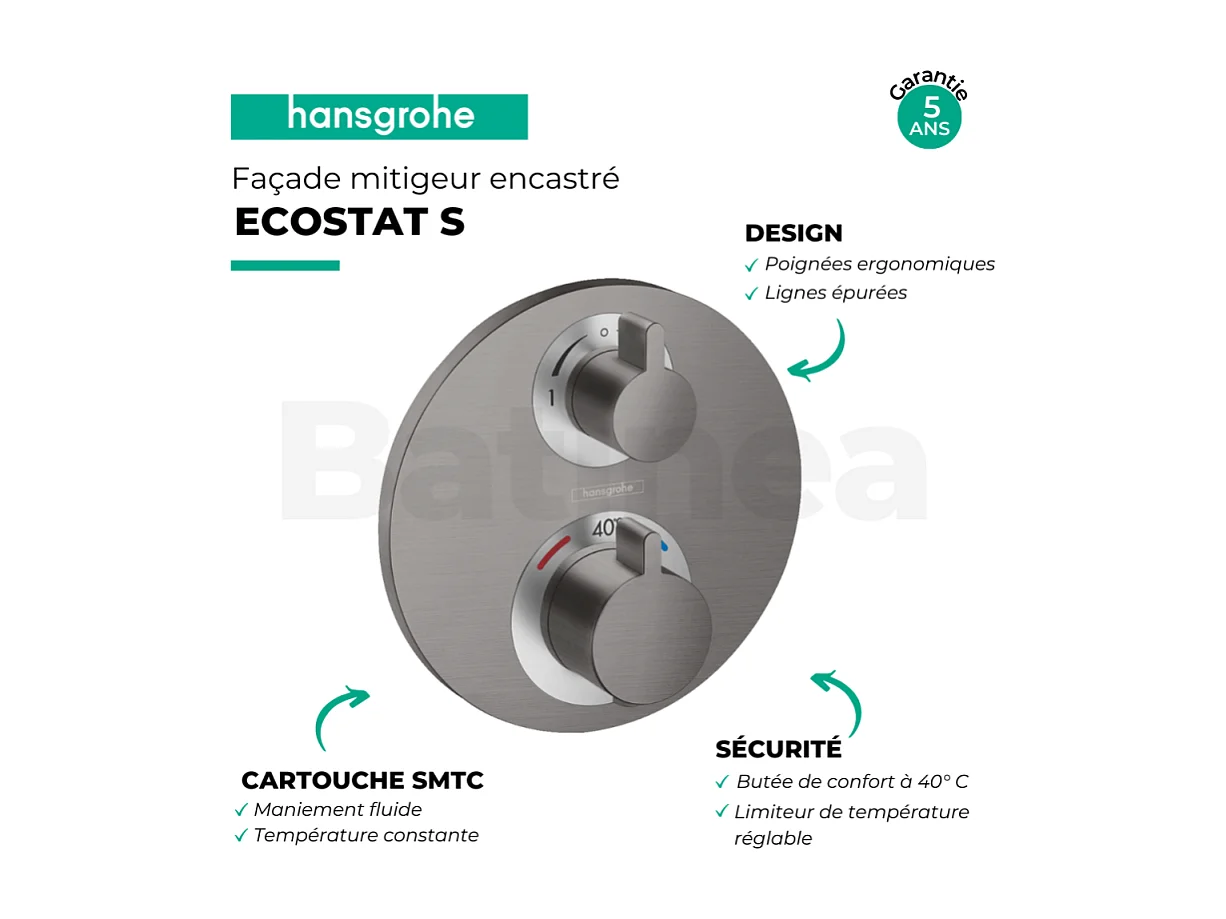 HANSGROHE Ecostat S mezclador termostático empotrado frontal con válvula de cierre y desviador negro cromo cepillado