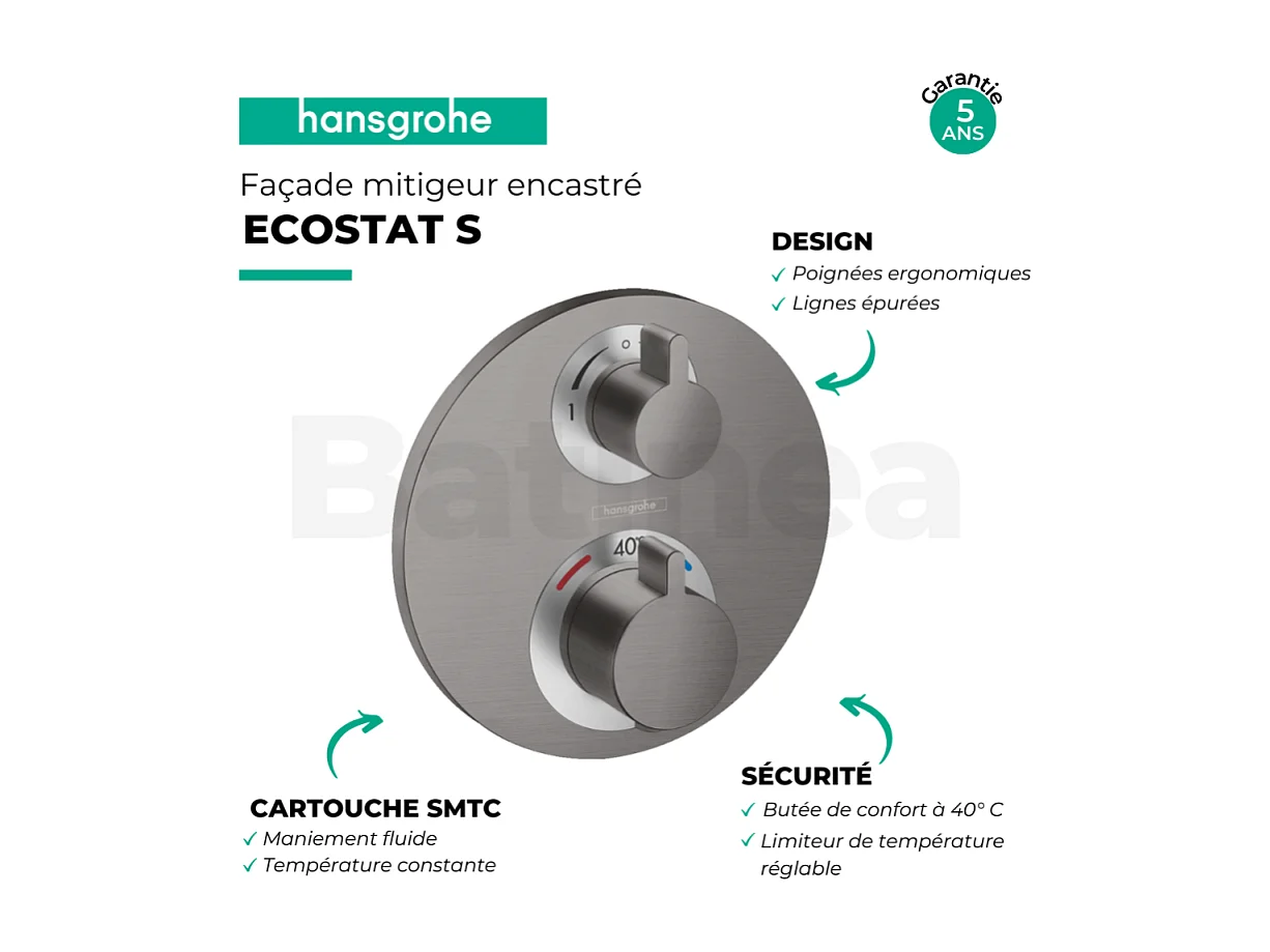 HANSGROHE Ecostat S mezclador termostático empotrado frontal con válvula de cierre y desviador negro cromo cepillado