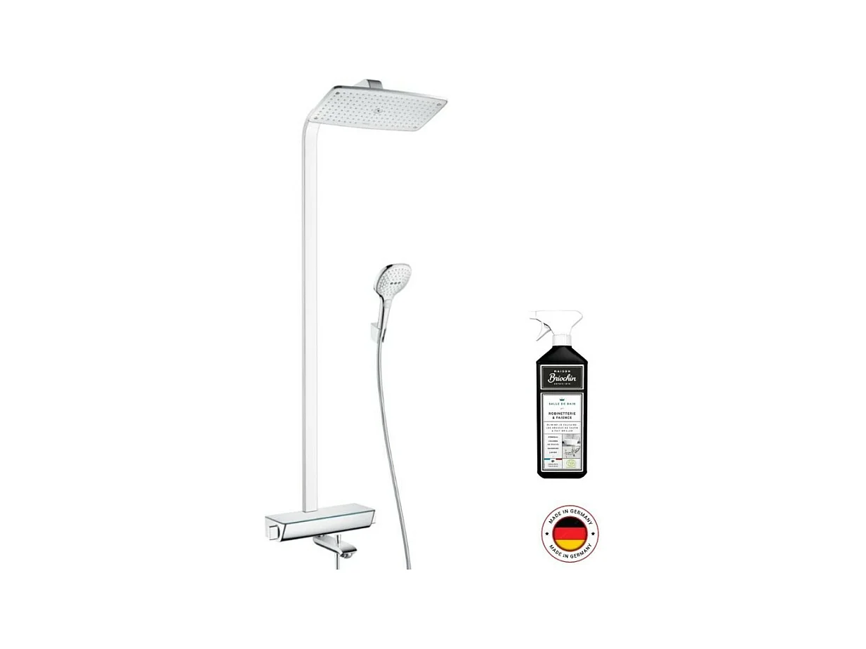 Colonne bain douche thermostatique HANSGROHE Raindance E 363 blanc chromée + nettoyant Briochin