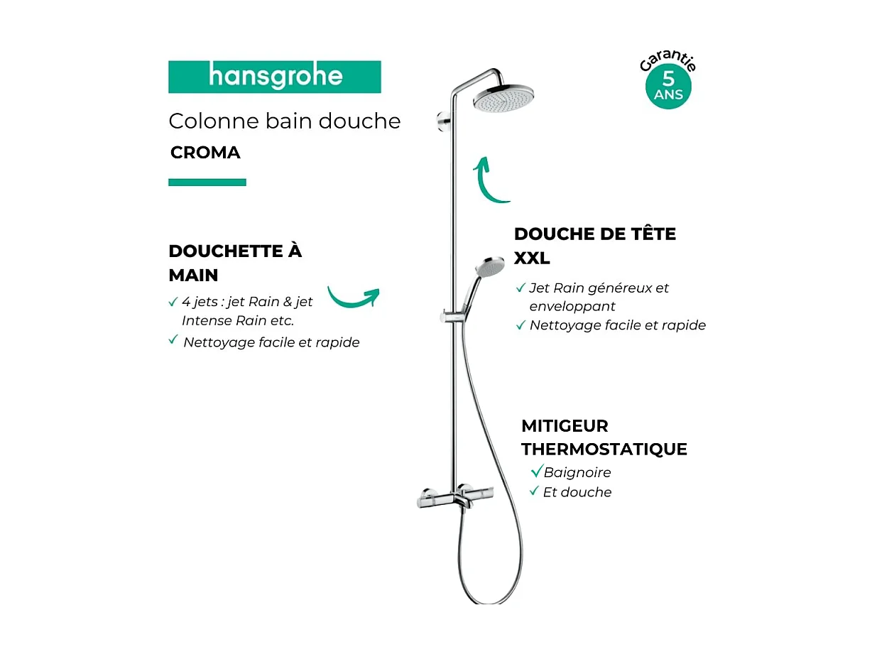 Colonne bain douche thermostatique HANSGROHE Croma 220 chromé + tablette AddStoris