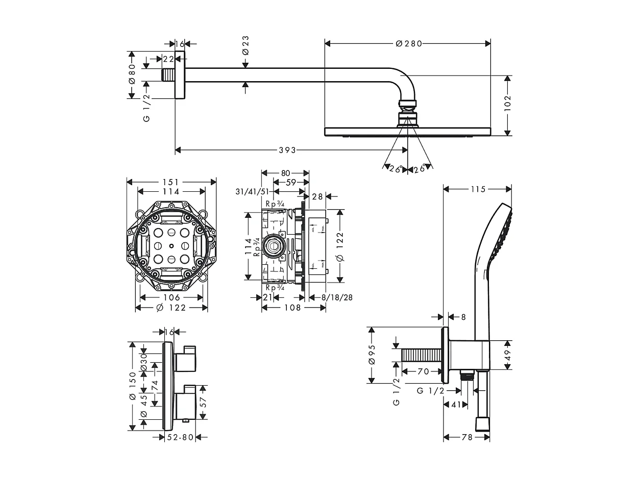 HANSGROHE Pack encastré avec mitigeur thermostatique Ecostat S chromé