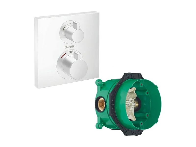 HANSGROHE Facade thermostatique encastré Ecostat Square avec robinet d'arrêt et inverseur blanc mat + corps encastré