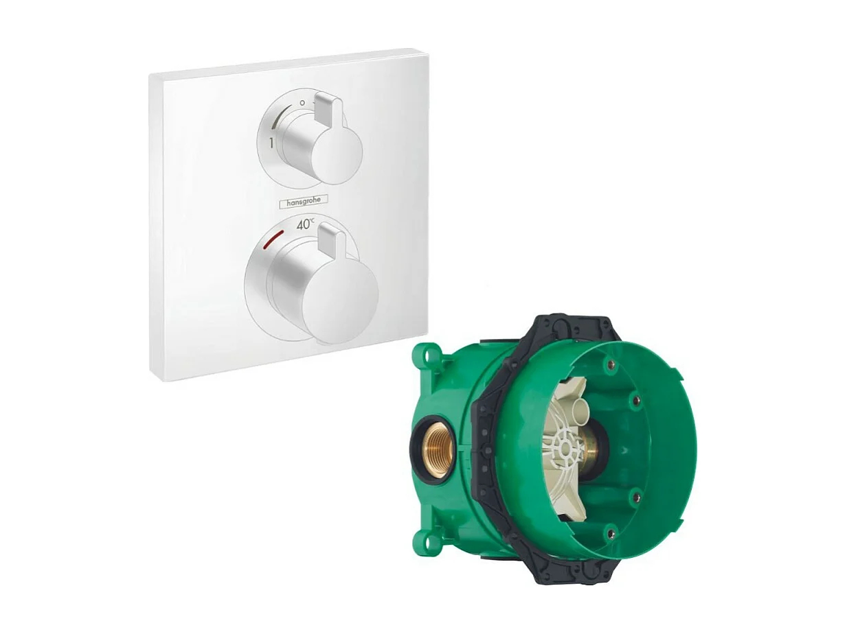 HANSGROHE Facade thermostatique encastré Ecostat Square avec robinet d'arrêt et inverseur blanc mat + corps encastré
