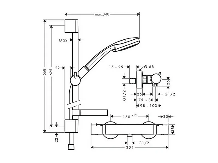 HANSGROHE Combi Multi avec barre 65 cm Ecostat Comfort chromé