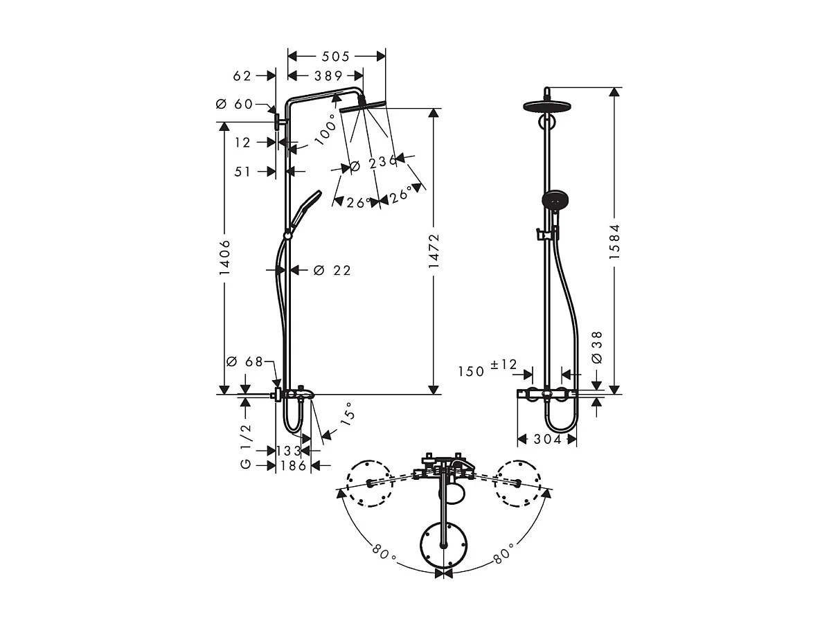 Colonne bain douche thermostatique HANSGROHE Raindance S 240 chromé