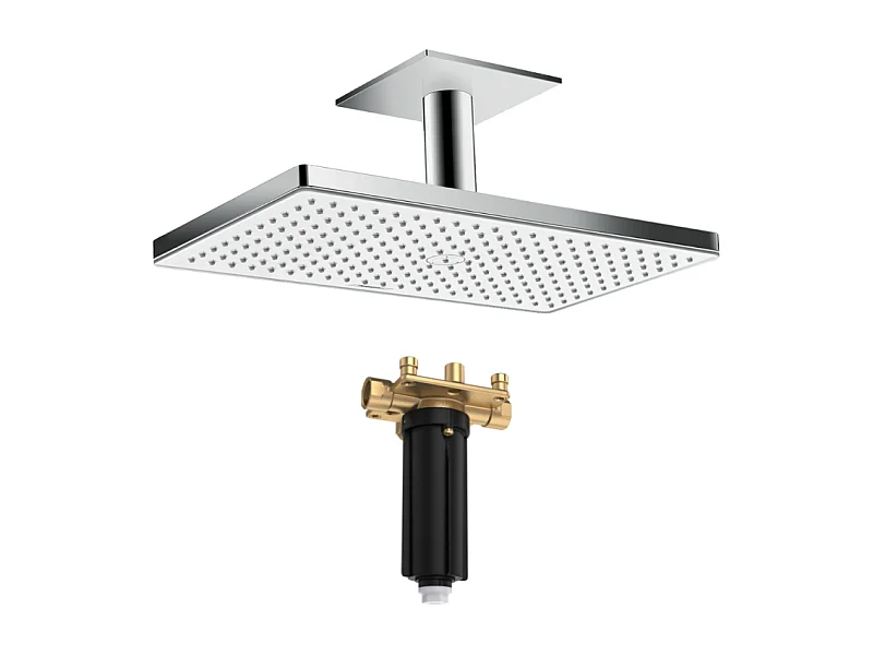 Douche de tête 460 1jet avec raccord plafond blanc/chromé  + Corps d'encastrement pour douche de tête avec raccord plafond