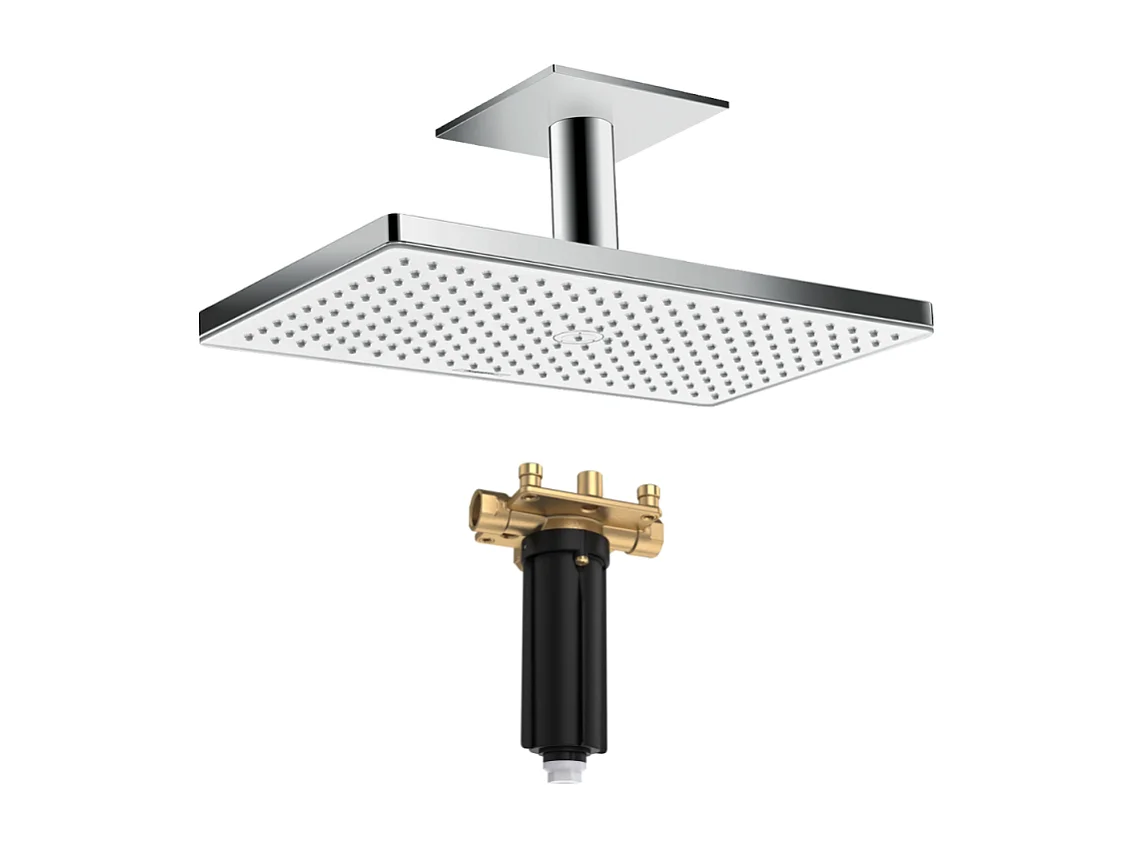 Douche de tête 460 1jet avec raccord plafond blanc/chromé  + Corps d'encastrement pour douche de tête avec raccord plafond