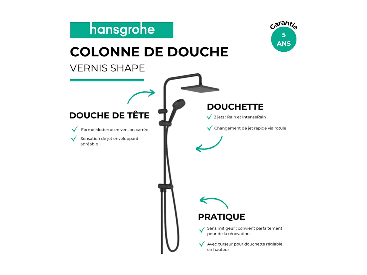 Colonne de douche ou bain douche sans mitigeur HANSGROHE Vernis Shape 230 noir mat