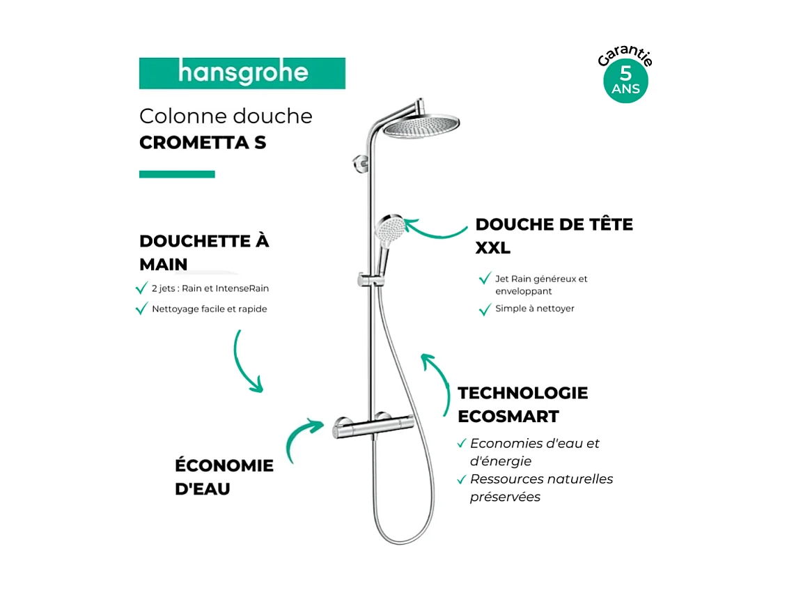 Colonne de douche thermostatique HANSGROHE Crometta S 240 EcoSmart chromé + tablette AddStoris