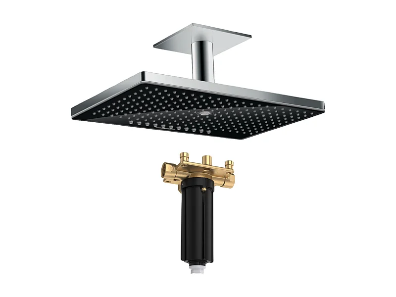 Douche de tête 460 3jet avec raccord plafond noir/chromé  + Corps d'encastrement pour douche de tête avec raccord plafond