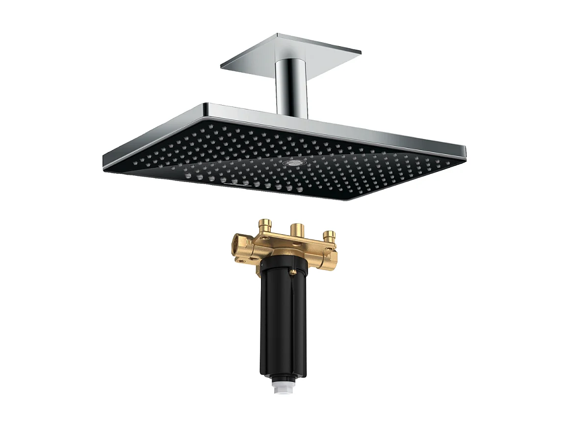 Douche de tête 460 3jet avec raccord plafond noir/chromé  + Corps d'encastrement pour douche de tête avec raccord plafond