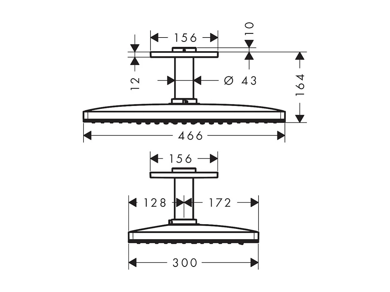 Douche de tête 460 3jet avec raccord plafond noir/chromé  + Corps d'encastrement pour douche de tête avec raccord plafond