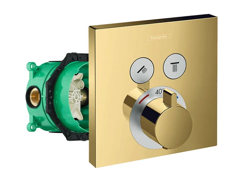 Façade pour mitigeur thermostatique encastré HANSGROHE ShowerSelect avec 2 fonctions aspect doré poli et corps encastré iBox
