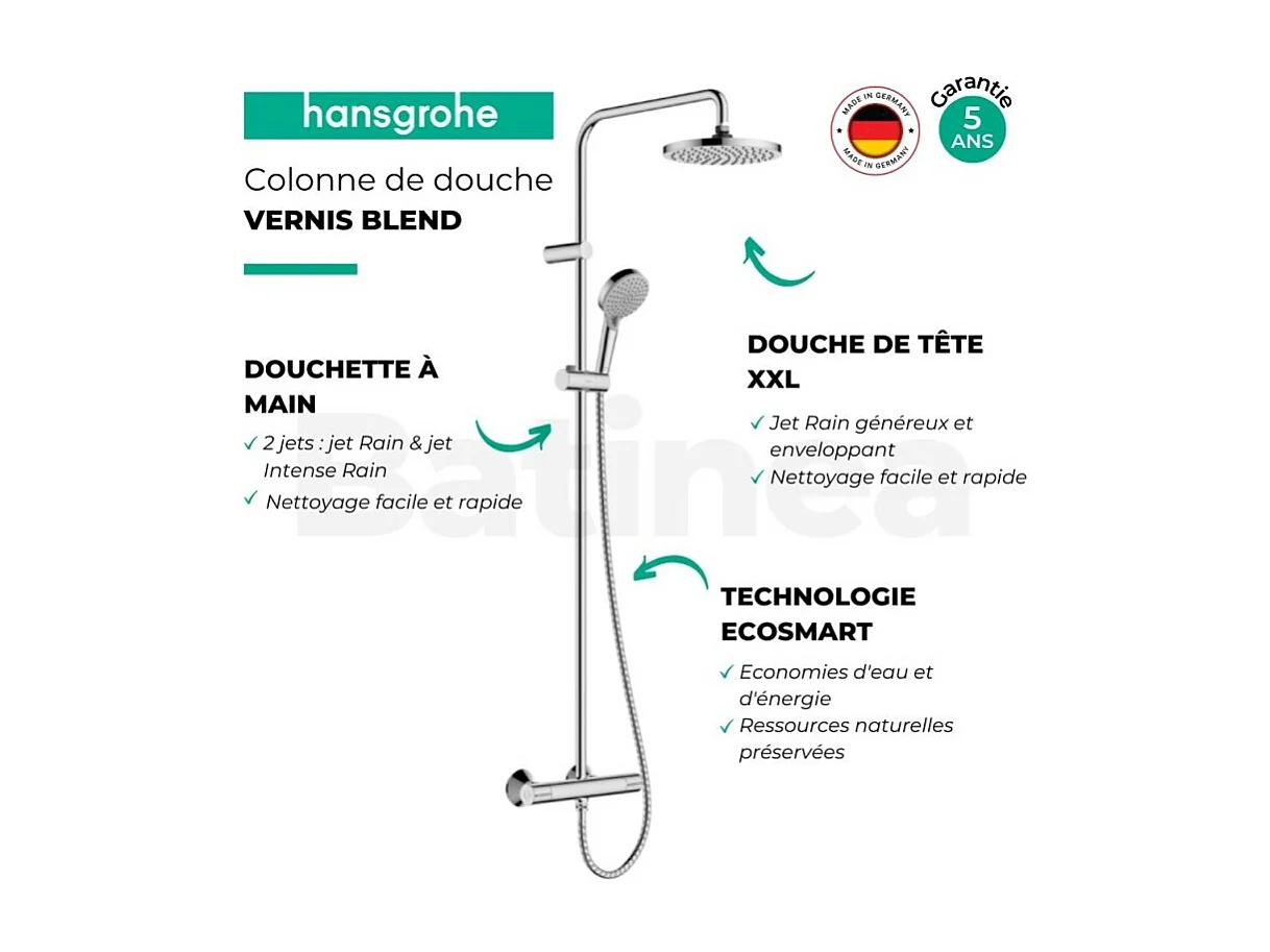 Colonne de douche thermostatique HANSGROHE Vernis Blend 200 Green chromé + tablette AddStoris