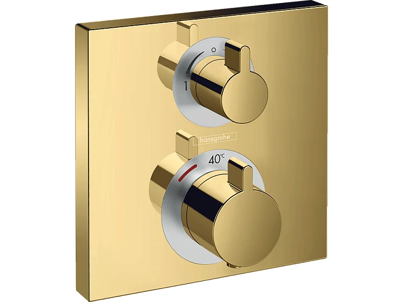 HANSGROHE Facade thermostatique encastré Ecostat Square avec robinet d'arrêt et inverseur aspect doré poli + corps encastré