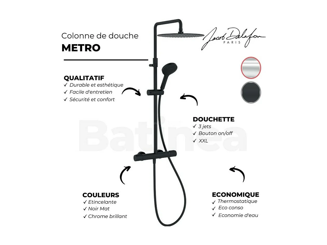 Colonne douche thermostatique JACOB DELAFON Metro 3 jets, économie d'eau, noir mat