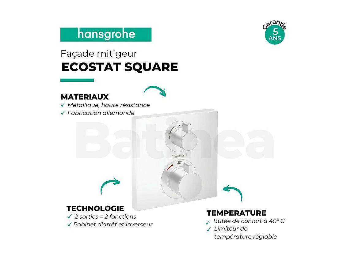 HANSGROHE Façade pour mitigeur thermostatique encastré Ecostat Square avec robinet d'arrêt et inverseur blanc mat