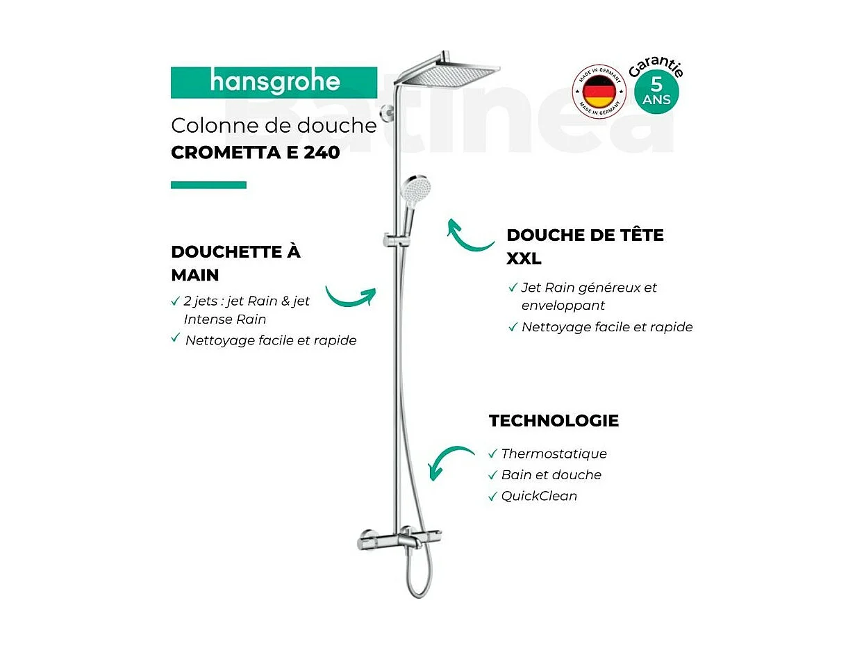 Colonne bain douche thermostatique HANSGROHE Crometta E 240 chromé + tablette Addstoris