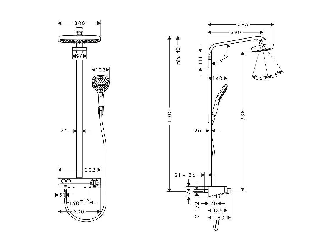 Colonne de douche thermostatique HANSGROHE Raindance Select E 300 avec mitigeur 30 cm blanc et chromé