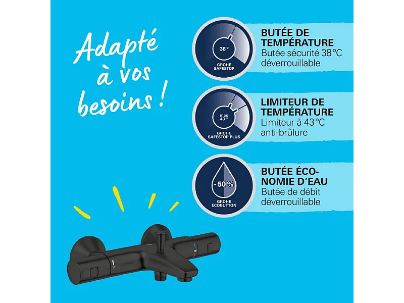 Mitigeur bain douche thermostatique GROHE Precision Start noir + nettoyant GrohClean