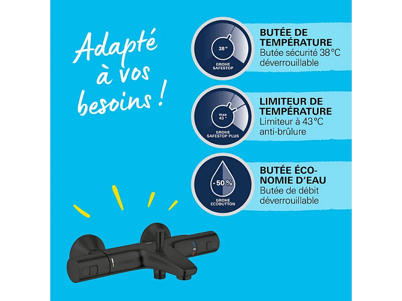 Mitigeur bain douche thermostatique GROHE Precision Start noir + nettoyant GrohClean