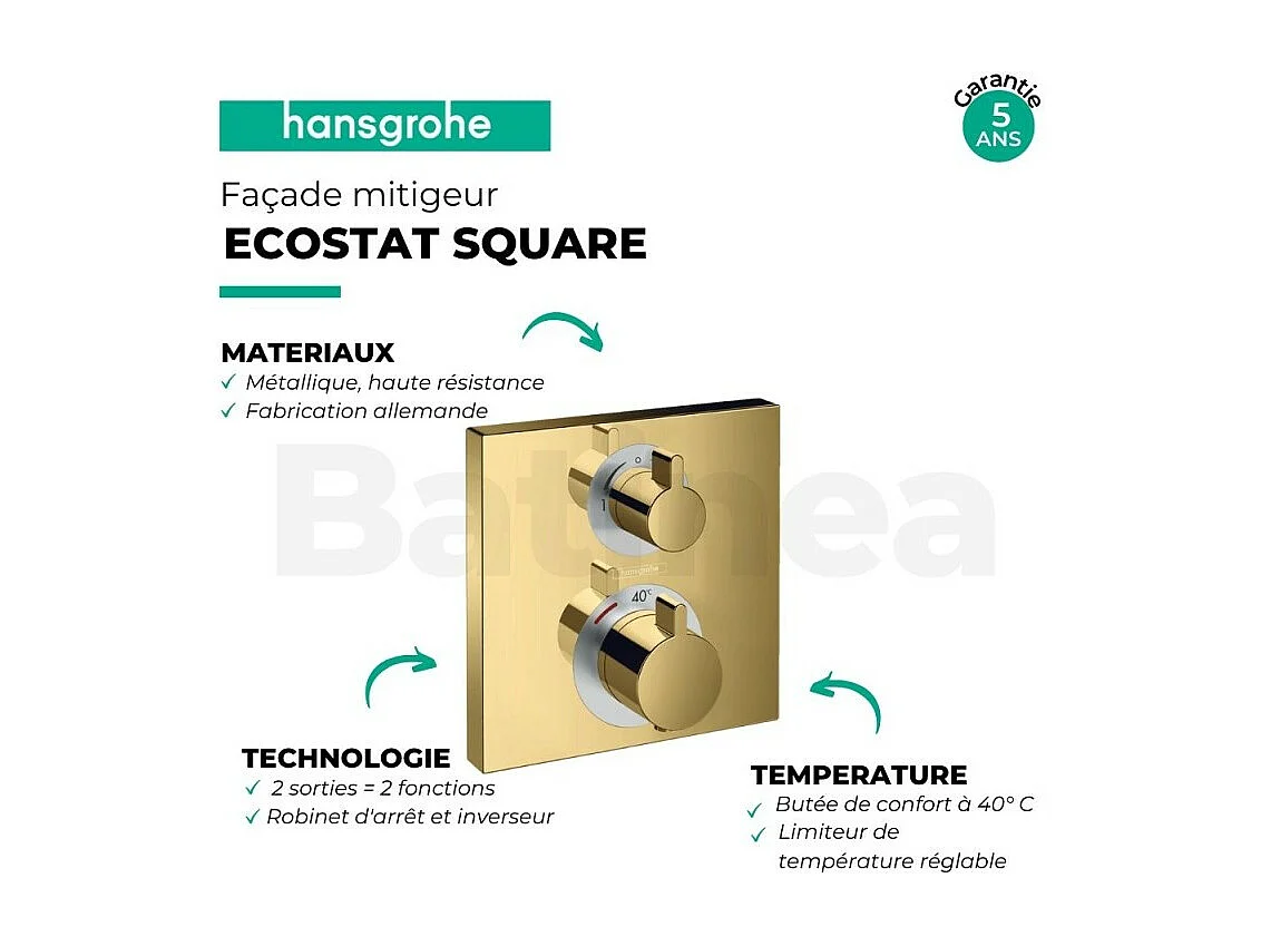 HANSGROHE Frente para mezclador termostático empotrado Ecostat Square con válvula de cierre y desviador aspecto dorado pulido