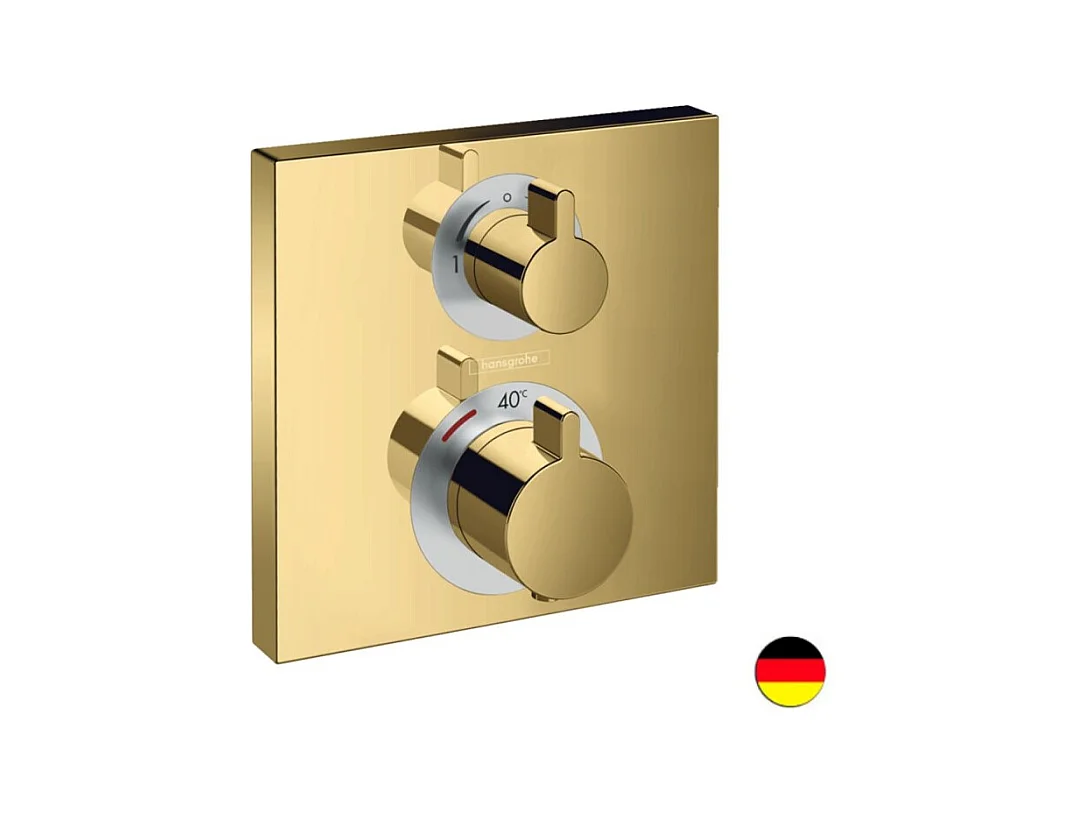 HANSGROHE Façade pour mitigeur thermostatique encastré Ecostat Square avec robinet d'arrêt et inverseur aspect doré poli