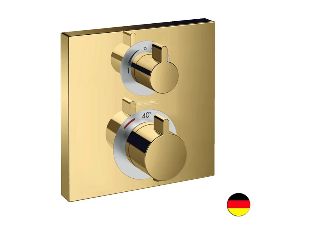 HANSGROHE Façade pour mitigeur thermostatique encastré Ecostat Square avec robinet d'arrêt et inverseur aspect doré poli