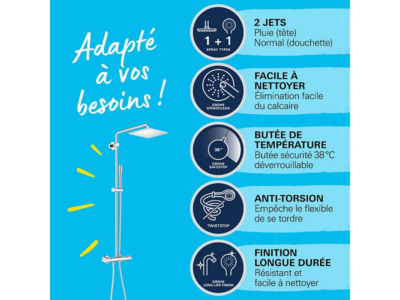 Colonne de douche thermostatique GROHE Vitalio Joy Système 230 + Tablette rectangle GROHE Start Cube + colle Quickglue