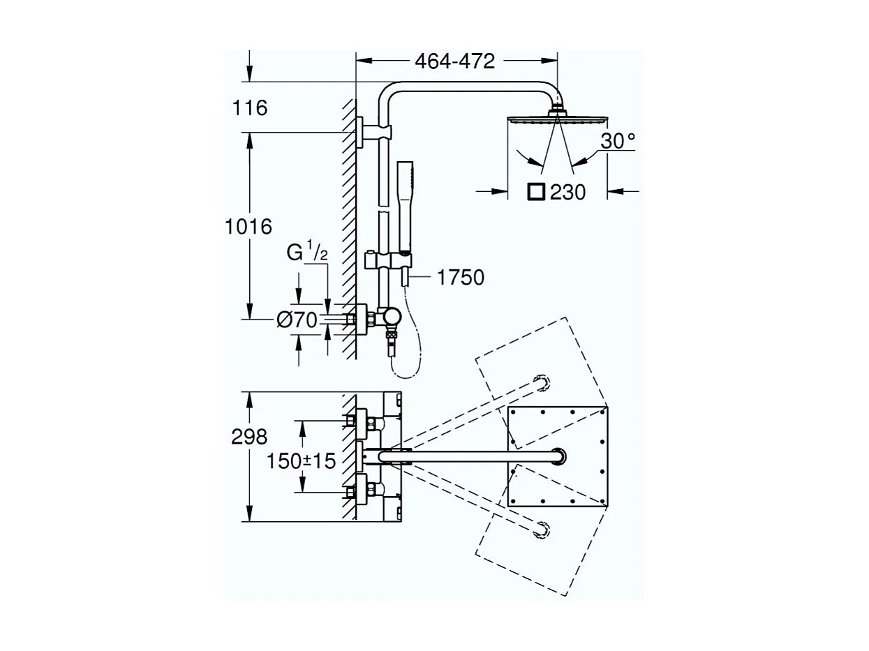 Colonne de douche thermostatique GROHE Vitalio Joy Système 230 + Tablette rectangle GROHE Start Cube + colle Quickglue